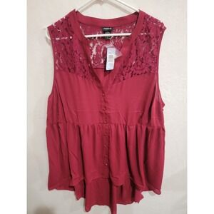 Torrid Size 3 3X Red Floral Lace Yoke Sleeveless Babydoll Top High Low Hem NWT